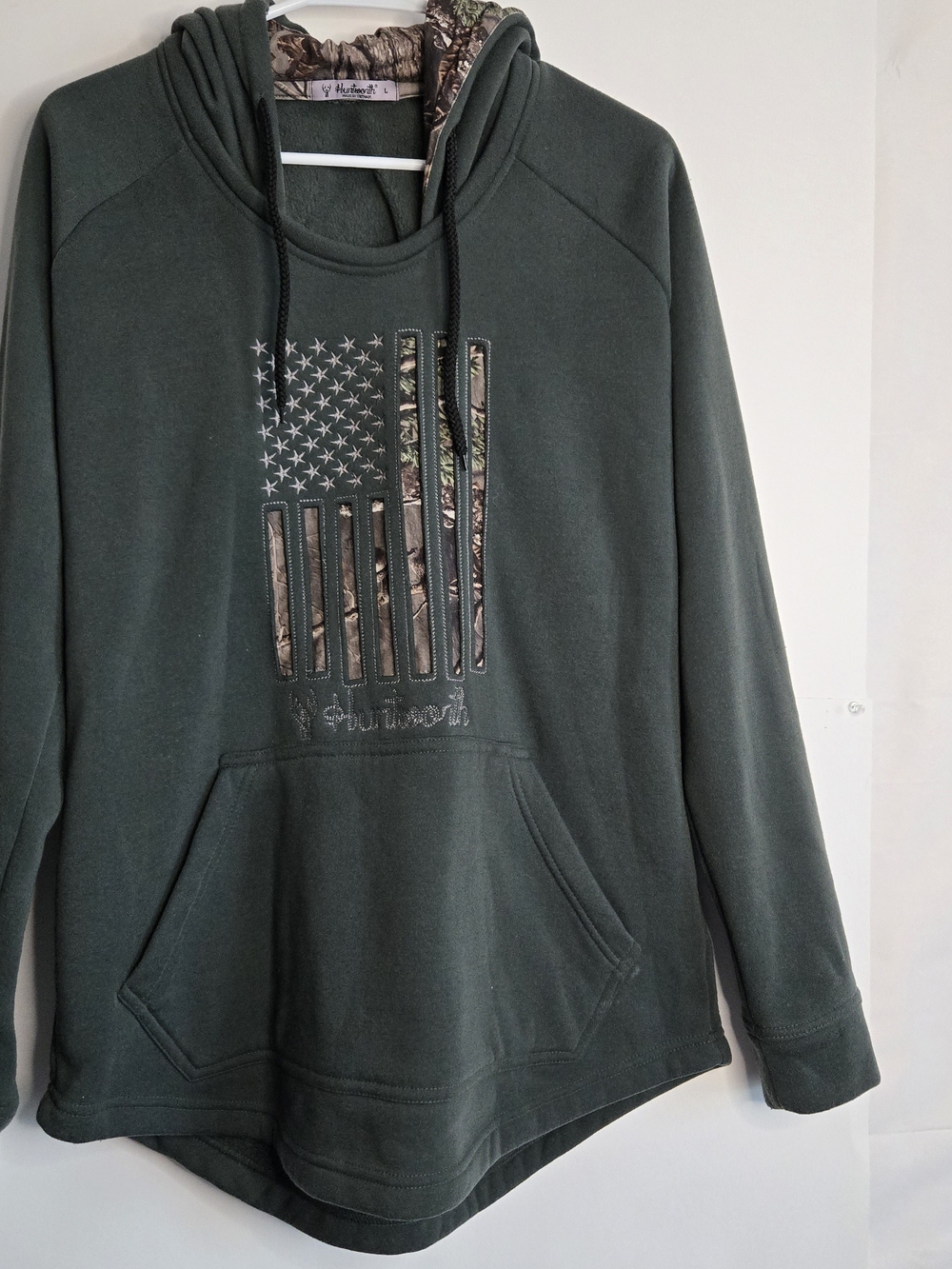 Huntworth Women's Knit Jersey Embroidered Camo Flag Hoodie Sz L Green Hunting